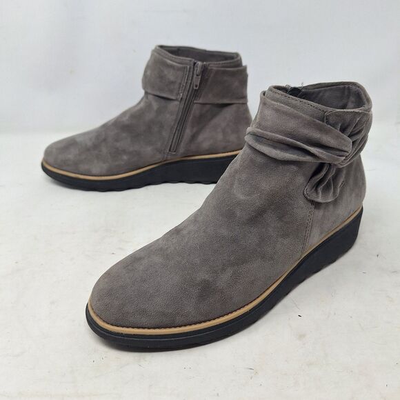 Clarks Sharon Salon Grey Suede Side Knot Ankle Booties Wedge Heel Indie Size 9 - Picture 1 of 8